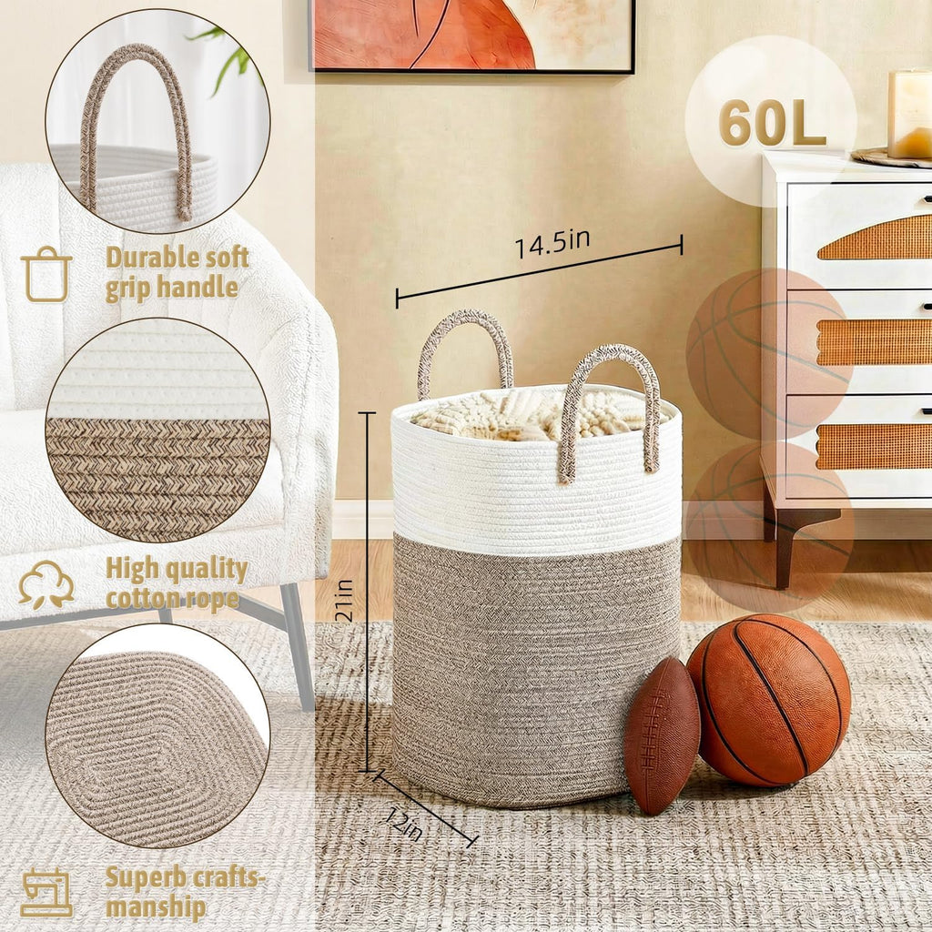 Laundry Basket,Woven Cotton Rope Laundry Hamper,Versatile Storage for Dirty Clothes,Baby Toys,and Blankets in Bathroom, Nursery,and Living Room (Brown, 60L)
