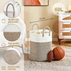 Laundry Basket,Woven Cotton Rope Laundry Hamper,Versatile Storage for Dirty Clothes,Baby Toys,and Blankets in Bathroom, Nursery,and Living Room (Brown, 60L)