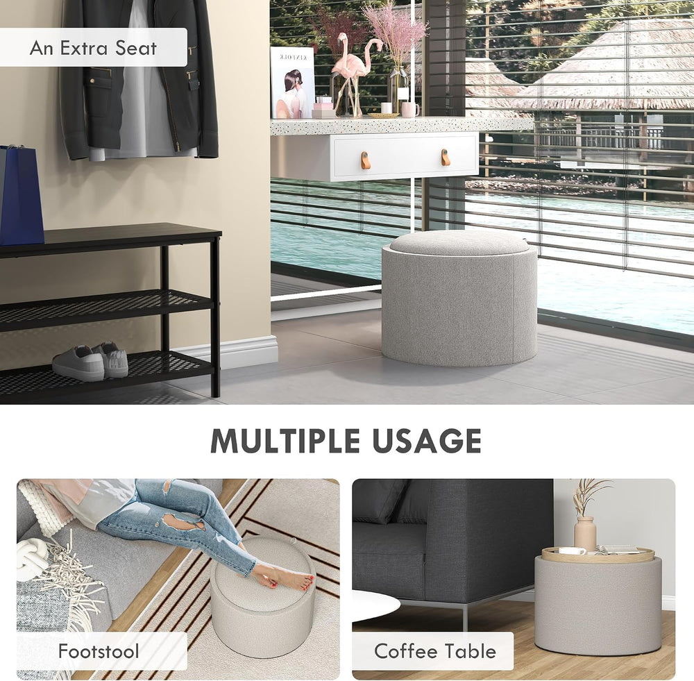 HOMCOM Round Storage Ottoman with Flip Top Tray, Footstool, Light Gray | Upho...