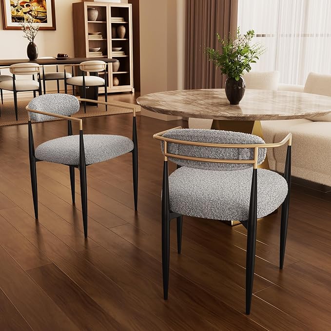 Morden Fort Modern Boucle Dining Chairs Set of 2, Grey Upholstered Dining Chairs with Black Metal Legs and Gold Armrest, Accent Chairs for Kitchen, Living Room and Café