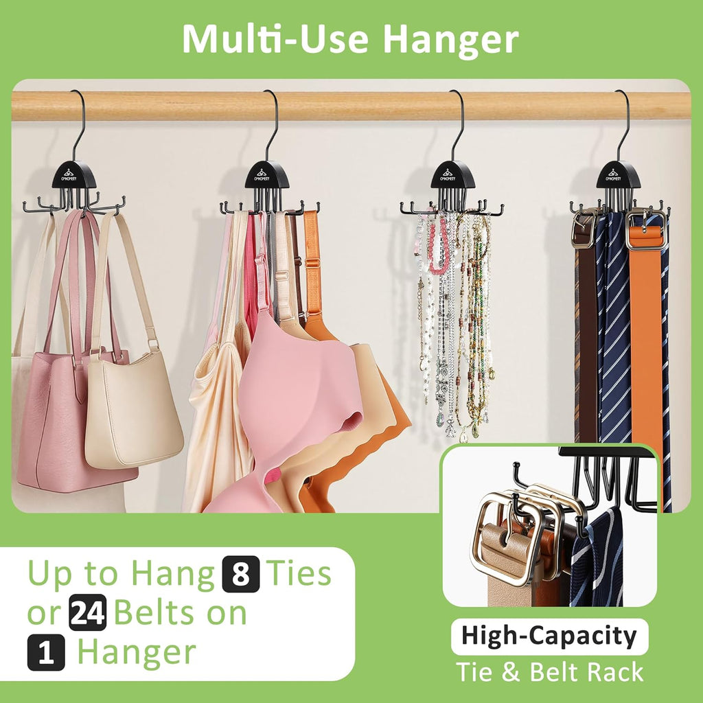 2 Pack Tie Hanger Belt Organizer for Closet, Rotatable Tie Rack with 16 Hooks Max 24 Belts & 16 Ties Storage Capacity, Space Saving Hanging Belt Holder for Closet Organizer, Black