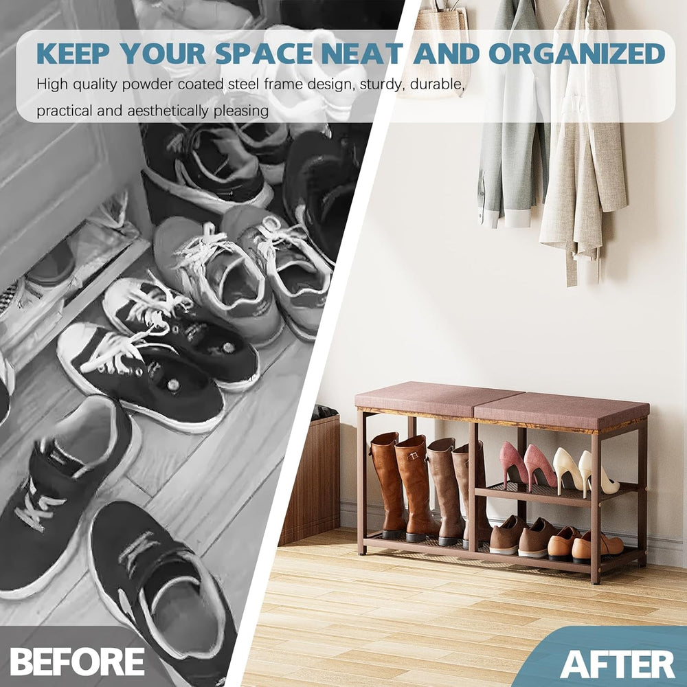Shoe Rack Bench for Entryway 3-Tier, Free Standing Shoe Racks with Seat Cushi...