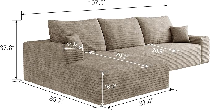 Eafurn Oversized L-Shaped Modular Sectional Sofa with Chaise, Fluffy Corduroy...