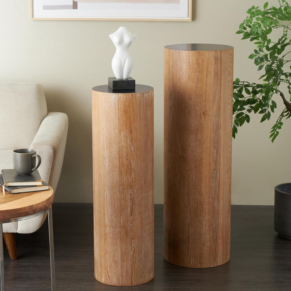deco 79 Wood Pedestal Table, Set of 2 Table 40", 34" H, Brown | Sid...