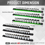 ALOANES 6-Piece Magnetic Socket Organizer, Heavy Duty Aluminum Socket Rails Organizer, 360° Swivel Clips Socket Holder Kit for Tool Box, 1/2, 3/8, 1/4-Inch Socket Holder x 80 Clips (Green&Black)