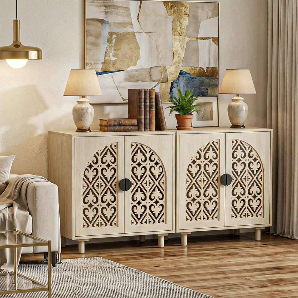 Set of 2 Sideboard Buffet Cabinet, Boho Storage Cabinet with Doors and Shelve...