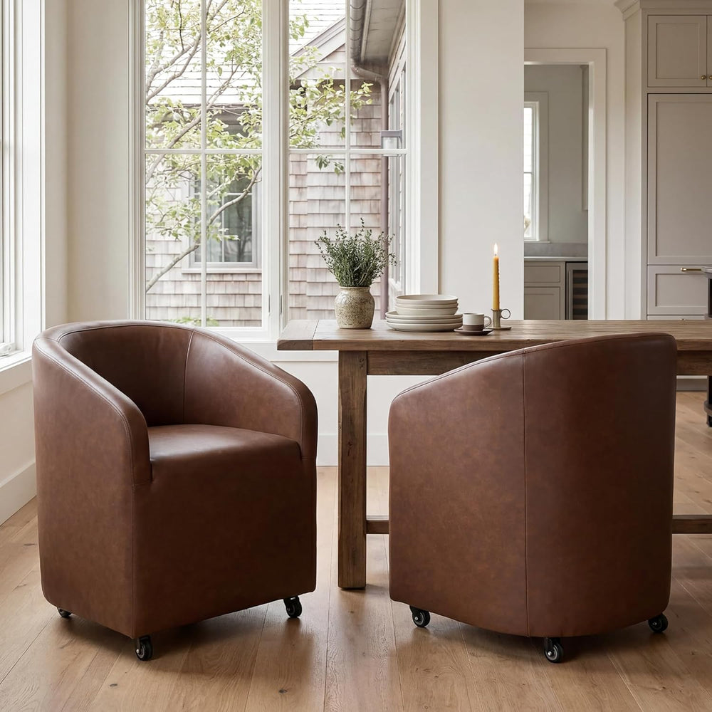 CIMOTA Brown PU Leather Barrel Dining Chairs with Wheels, Set of 1 — Modern U...