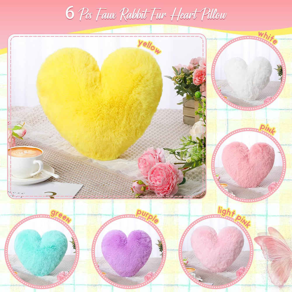 Liliful 6 Pcs Faux Rabbit Fur Heart Pillows Fluffy Heart Throw Pillows Cute C...