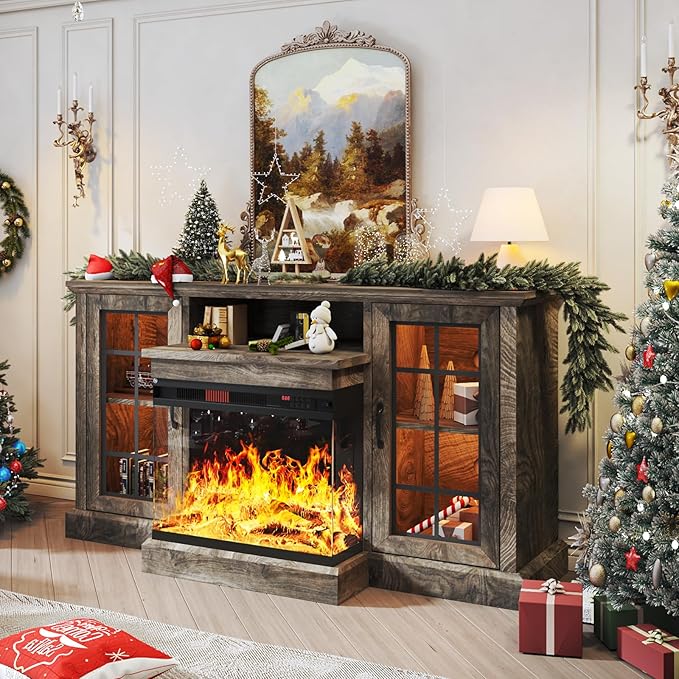 oneinmil 59'' Fireplace TV Stand, 3 Sided Glass Media Entertainment Center Console Table for TVs up to 65'' with Glass Door Adjustable Flame LED Color for Living Room, Set of TV Table, Grey