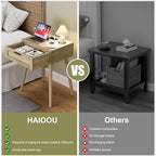 HAIOOU Nightstand with Charging Station Rattan Drawer, Mid Century Modern Side Table, End Beside Table with Pine Wood Legs Storage for Bedroom Living Room