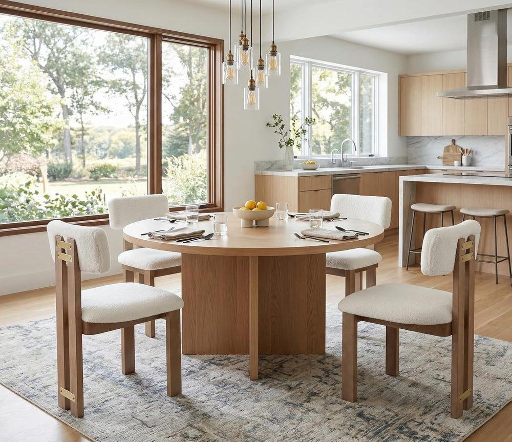 BESTANO Sherpa Boucle Wooden Dining Chairs Set of 4, Modern Farmhouse Dining ...