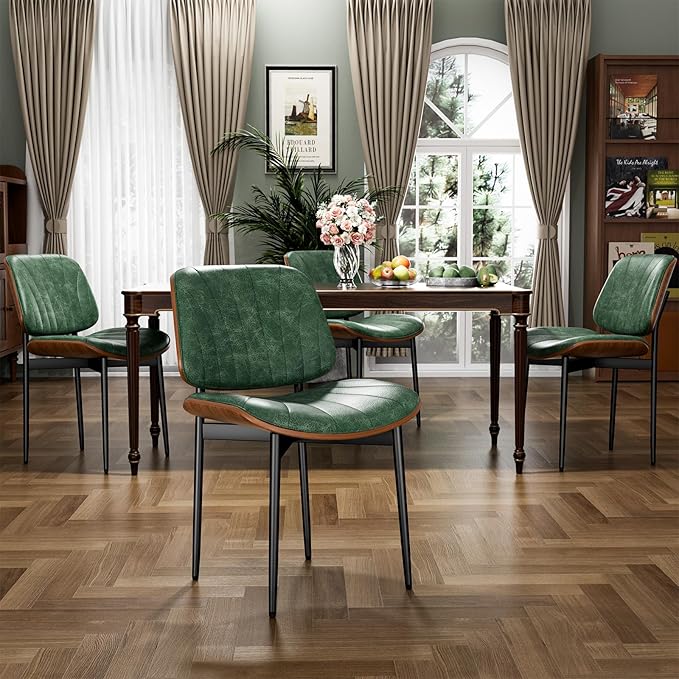 Dining Chairs Set of 8, Dining Room and Kitchen Chairs, Mid Century Modern Accent Chair, Upholstered PU Leather Chairs for Vanity with Walnut Bentwood and Metal Legs, Green