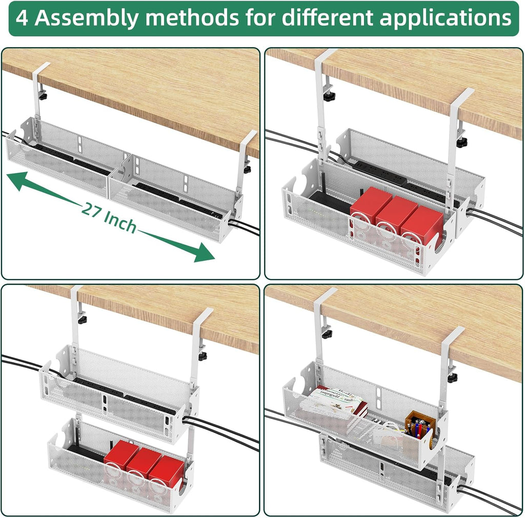 Multi-Model Under Desk Cable Management 2 Pack Metal Under Desk Wire Management Tray Clamp Mount Under Table Cord Management No Damage The Desk White