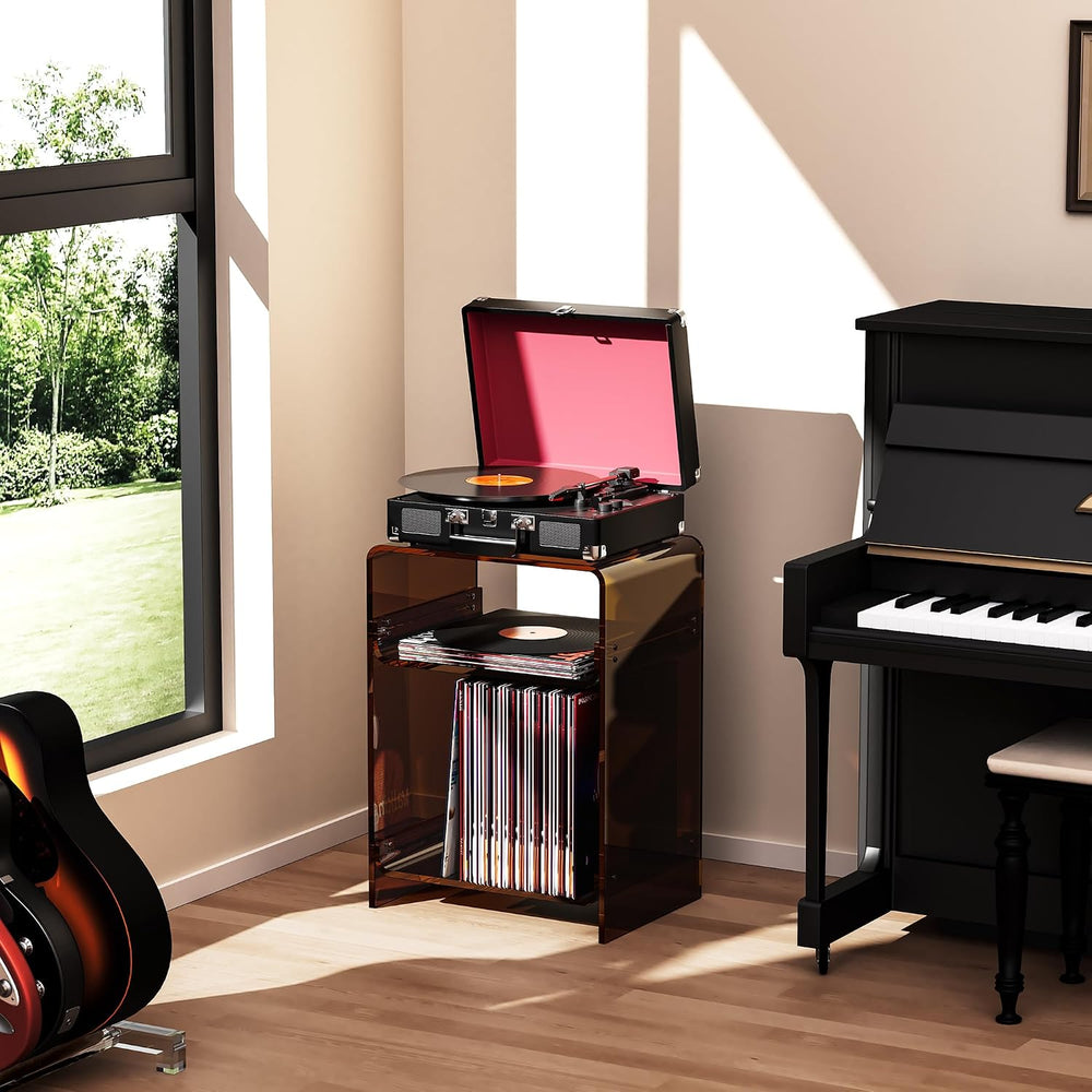 Acrylic Record Player Table with Storage Shelf, Clear Side Table Nightstand (...