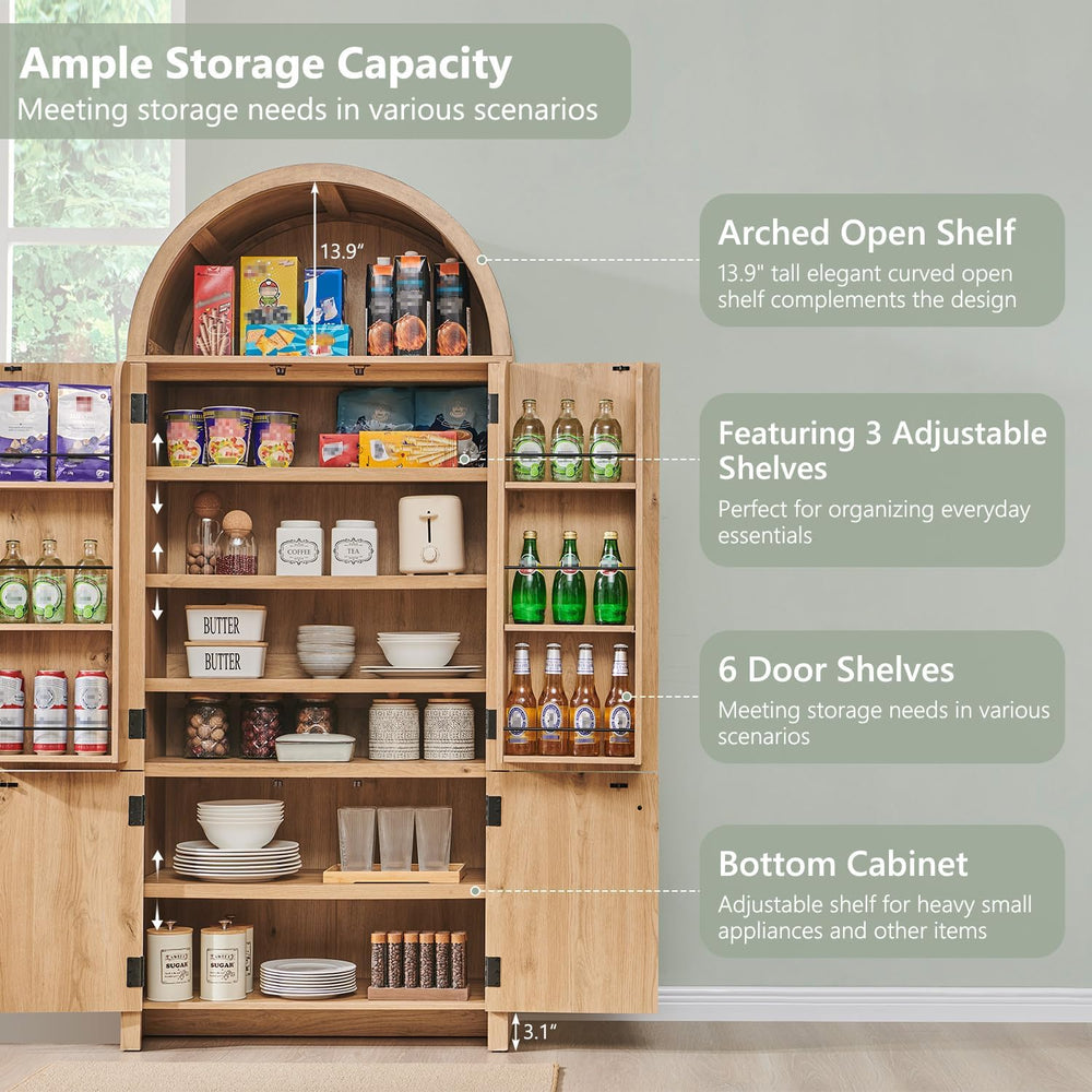 IFGET 71" Tall Arched Kitchen Pantry, Modern Fluted Storage Cabinet,Natu...