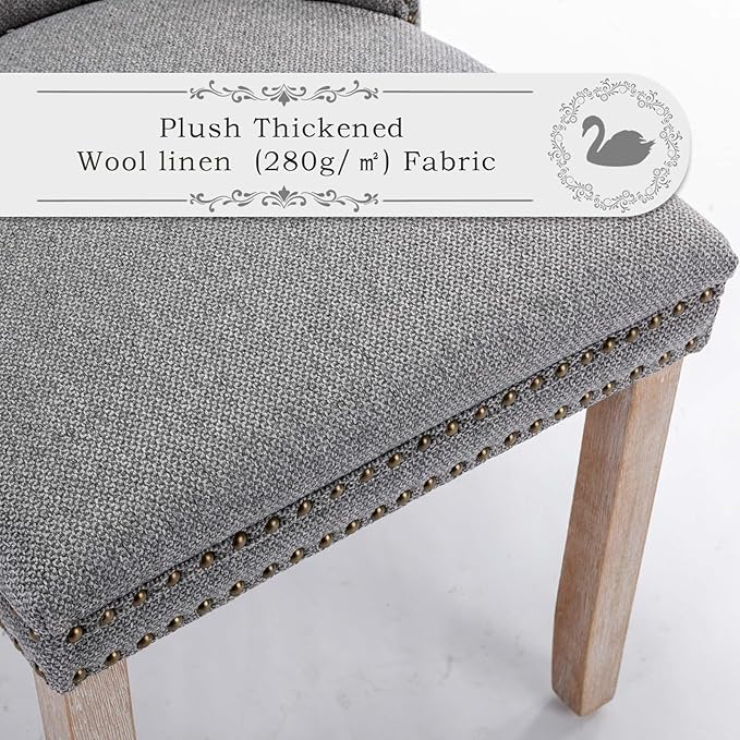 Linen Upholstered Dining Chairs Set of 6, Modern Style Kitchen Side Chairs with Nailhead Trim and Wood Leg, Metal Pulling Ring for Dining Room Living Room(Smoky Gray,Set of 6)