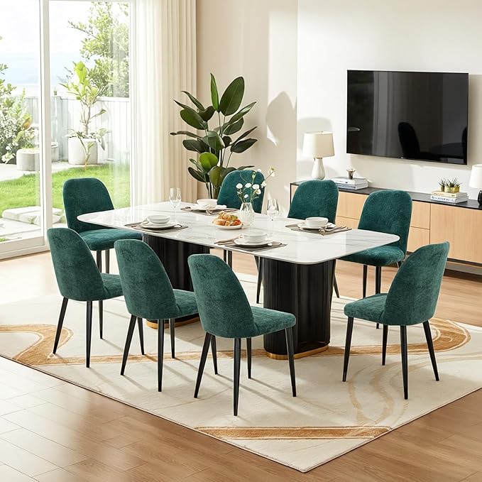 Upholstered Dining Chairs Set of 8 Modern Kitchen Chairs Chenille Fabric Dining Room Chairs High-Back Padded Dining Chairs with Metal Legs for Kitchen Dining Room Restaurant Cafe Hotel, Green