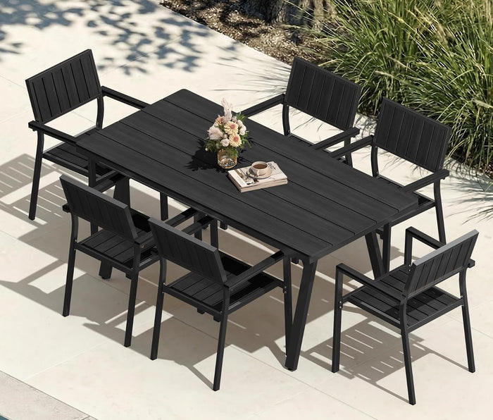 Aluminum Outdoor Dining Set of 6, Patio Table and Stackable Chairs, Black