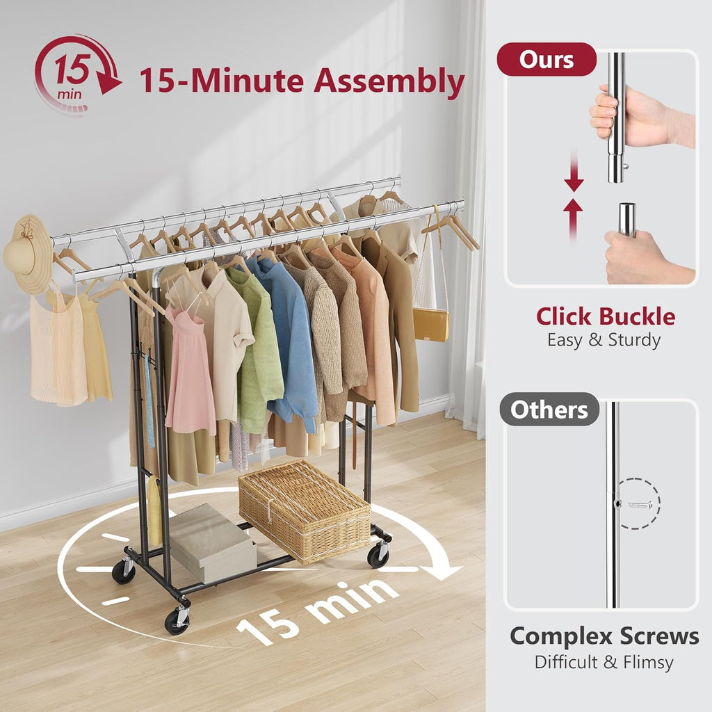 Tajsoon Double Rod Clothes Rack Load 480 LBS, Heavy Duty Rolling Garment Rack with Wheels, Collapsible Clothing Rack for Hanging Clothes, Commercial Adjustable Clothes Rack with Shelf, Black