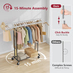 Tajsoon Double Rod Clothes Rack Load 480 LBS, Heavy Duty Rolling Garment Rack with Wheels, Collapsible Clothing Rack for Hanging Clothes, Commercial Adjustable Clothes Rack with Shelf, Black