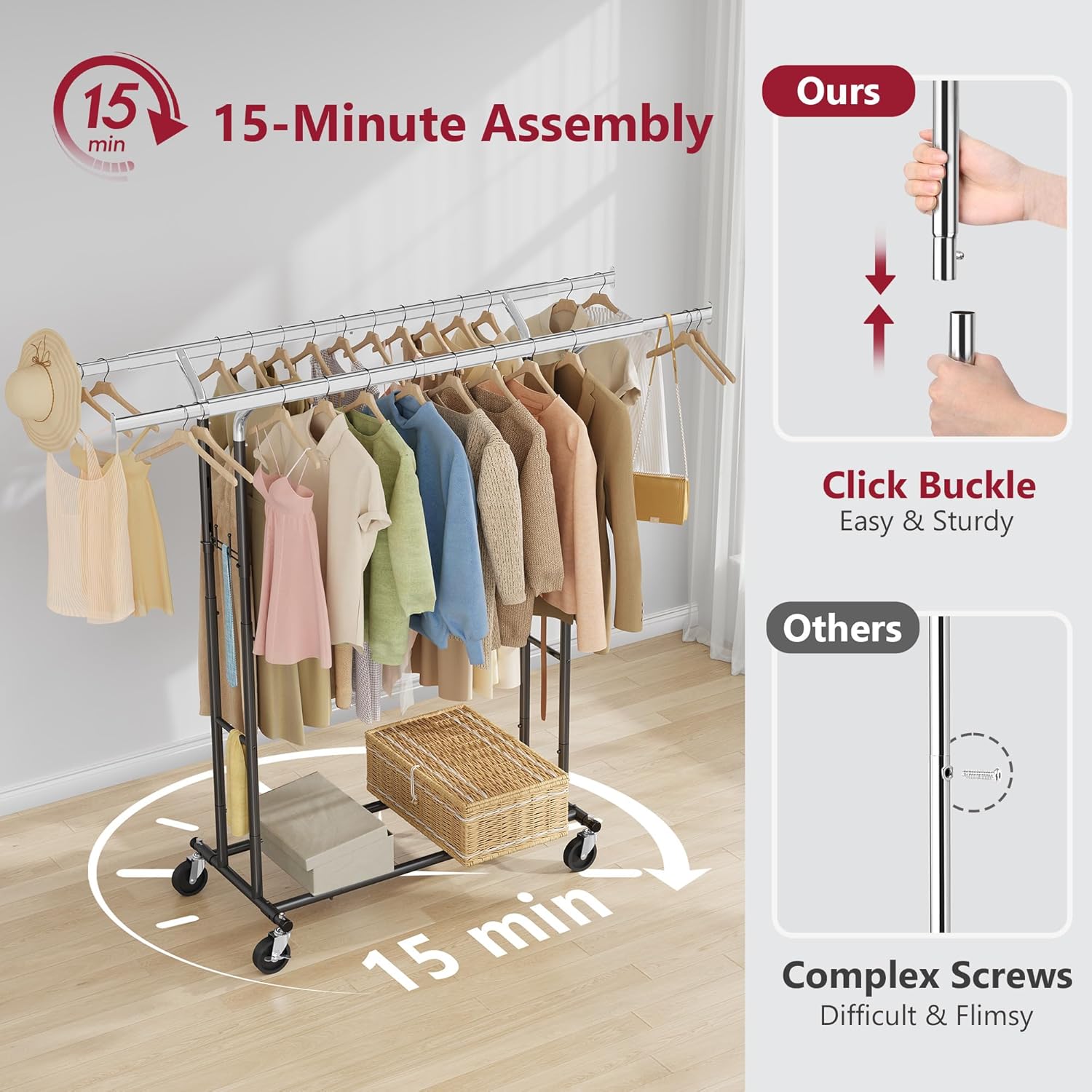 Tajsoon Double Rod Clothes Rack Load 480 LBS, Heavy Duty Rolling Garment Rack with Wheels, Collapsible Clothing Rack for Hanging Clothes, Commercial Adjustable Clothes Rack with Shelf, Black