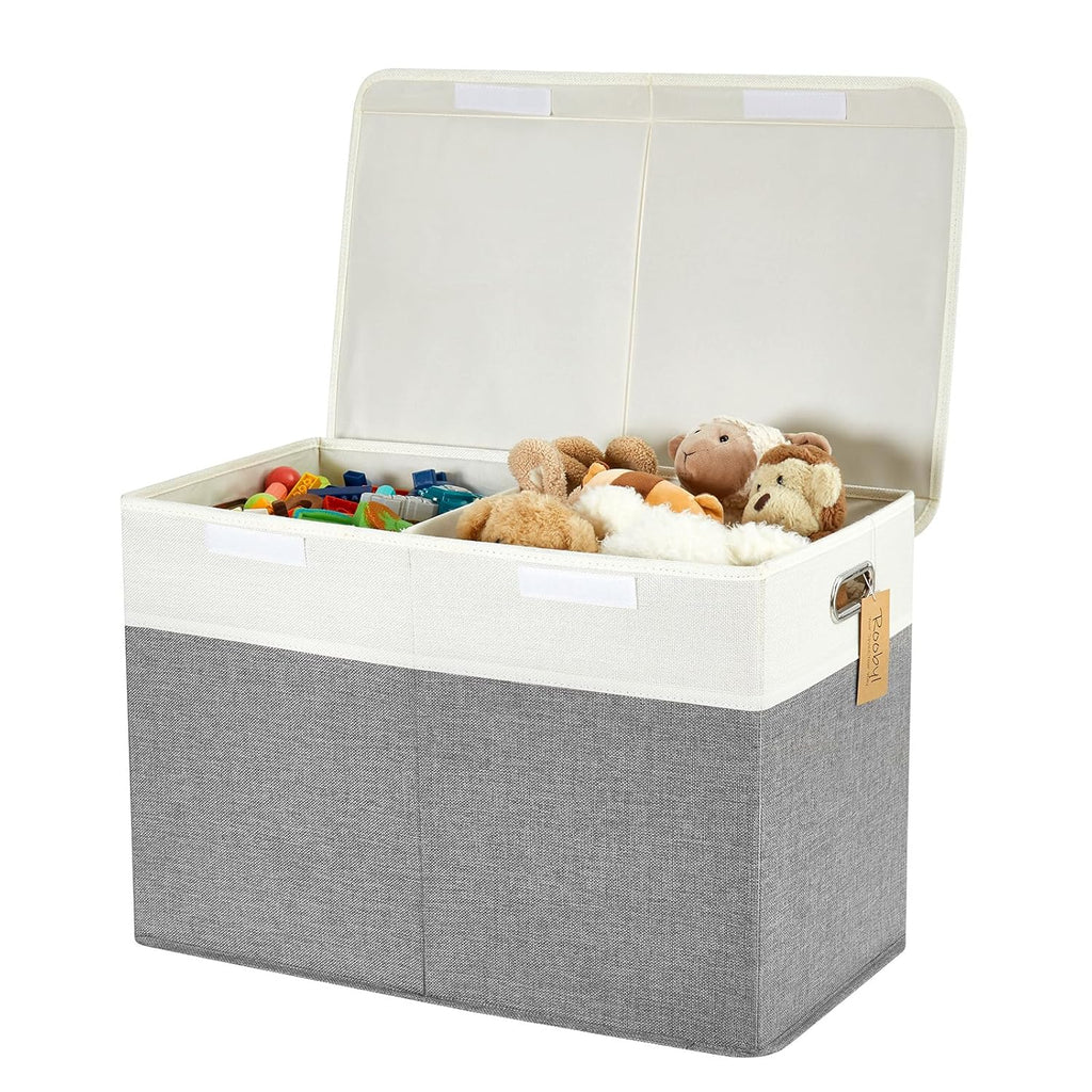 Large Toy Box with Flip-Top Lid, Collapsible Storage Organizer Bins with Dividers and Handles, Kids Bin Chest Baskets for Toys, Playroom Organizers, Nursery 25"x13" x16" (Gray & White)