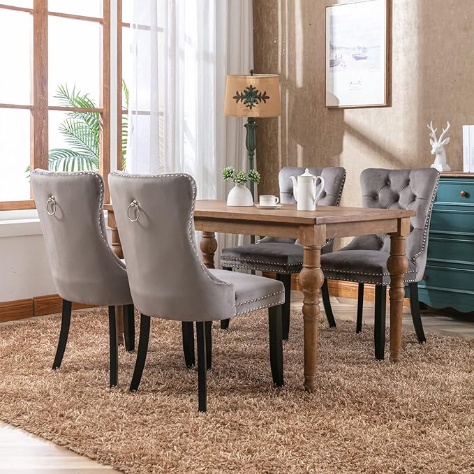 Grey Velvet Dining Chairs Set of 2, Tufted Upholstered Dining Room Chairs wit...