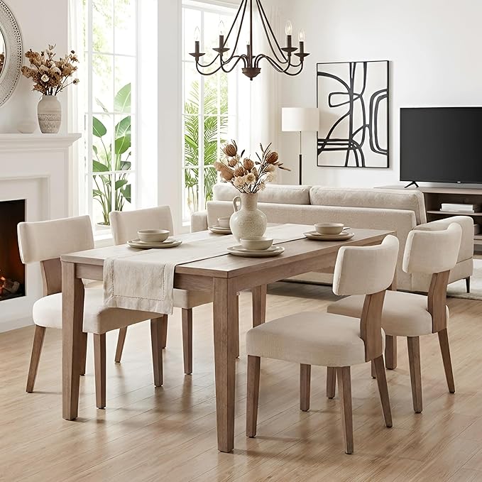 HNY Mid Century Modern Dining Chairs Set of 4, Farmhouse Linen Fabric Upholstered Accent Curved Backrest Kitchen Chairs, with Hardwood Frame, Beige