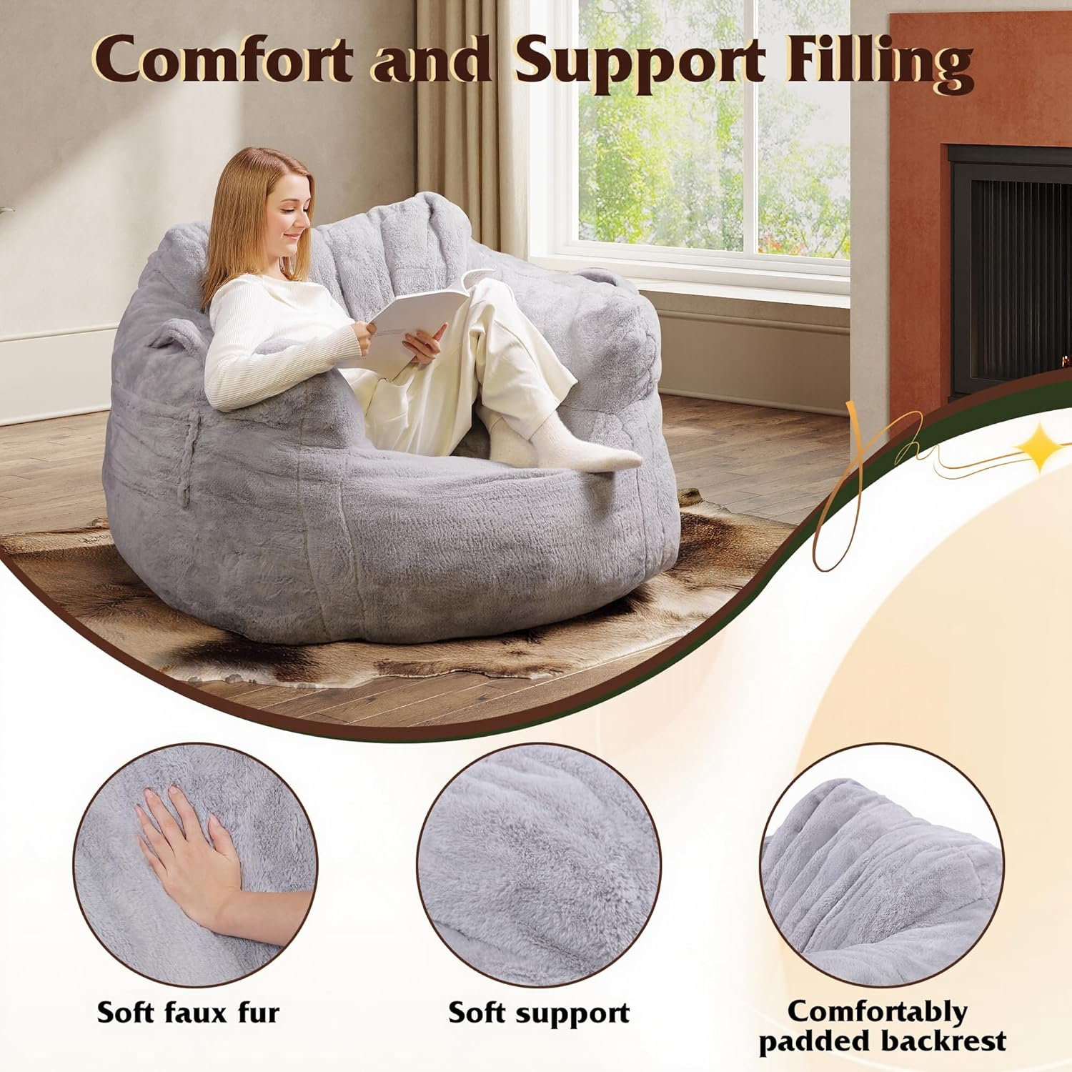 WLIVE 43'' Giant Bean Bag Chair, Bean Bag Sofa with Armrests for Adults, Bean Bag Couch with High-Density Memory Foam for Livingroom, Bedroom, Grey