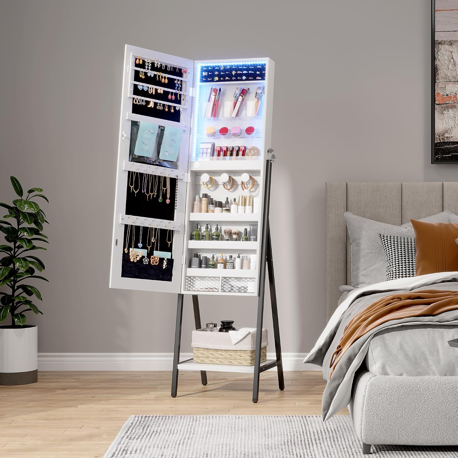 LVSOMT 3 LEDs Mirror Jewelry Cabinet, 60.4" Jewelry Mirror Full Length, Standing Lockable Jewelry Armoire Organizer, Floor Mirror with Storage for Jewelry Cosmetics, White