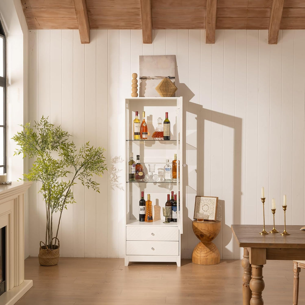 71'' Freestanding Display Cabinet with 2 Storage Drawers, Upholstered...
