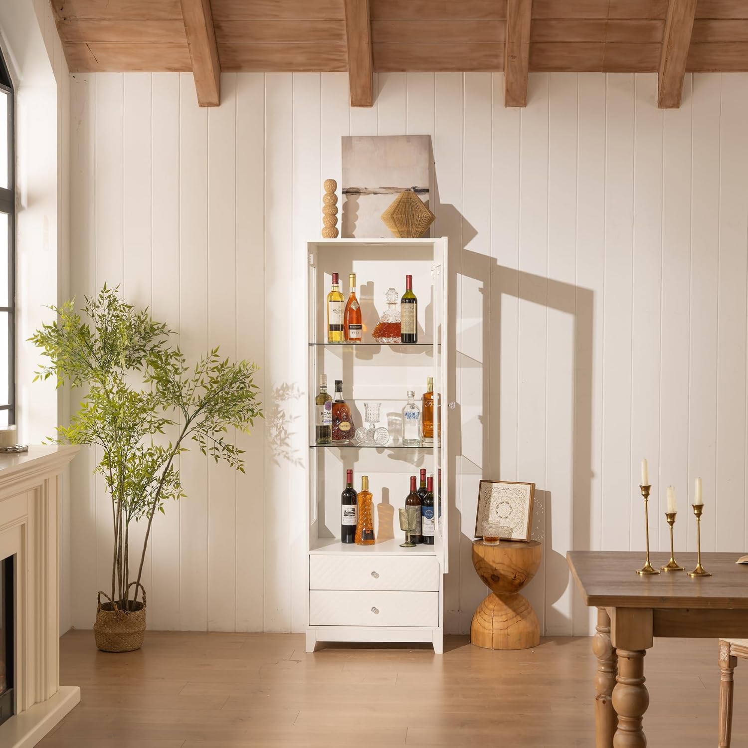 71'' Freestanding Display Cabinet with 2 Storage Drawers, Upholstered Pantry with Ceiling Light,Wine Cabinet with Glass Door and Adjustable Shelves, for Livingroom, Kitchen, Bar & Dining Room - White