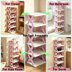6 Tier Foldable Shoe Rack, Kid's Shoe Organizer, Pink | Vertical Shoe Storage for Front Door Entrance, Compact Shoe Shelf for Narrow Spaces