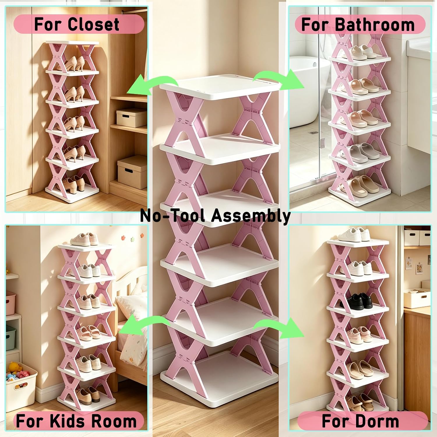6 Tier Foldable Shoe Rack, Kid's Shoe Organizer, Pink | Vertical Shoe Storage for Front Door Entrance, Compact Shoe Shelf for Narrow Spaces
