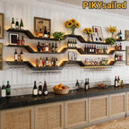 63" Wall Mounted LED Wine Rack, 3-Tier Floating Bar Shelves, Large Liquor Shelf with Wine Glass Rack, Large Bar Rack Wall Mounted for Liquor Bottles, Home Bar, Dining Room or Cafe, Black