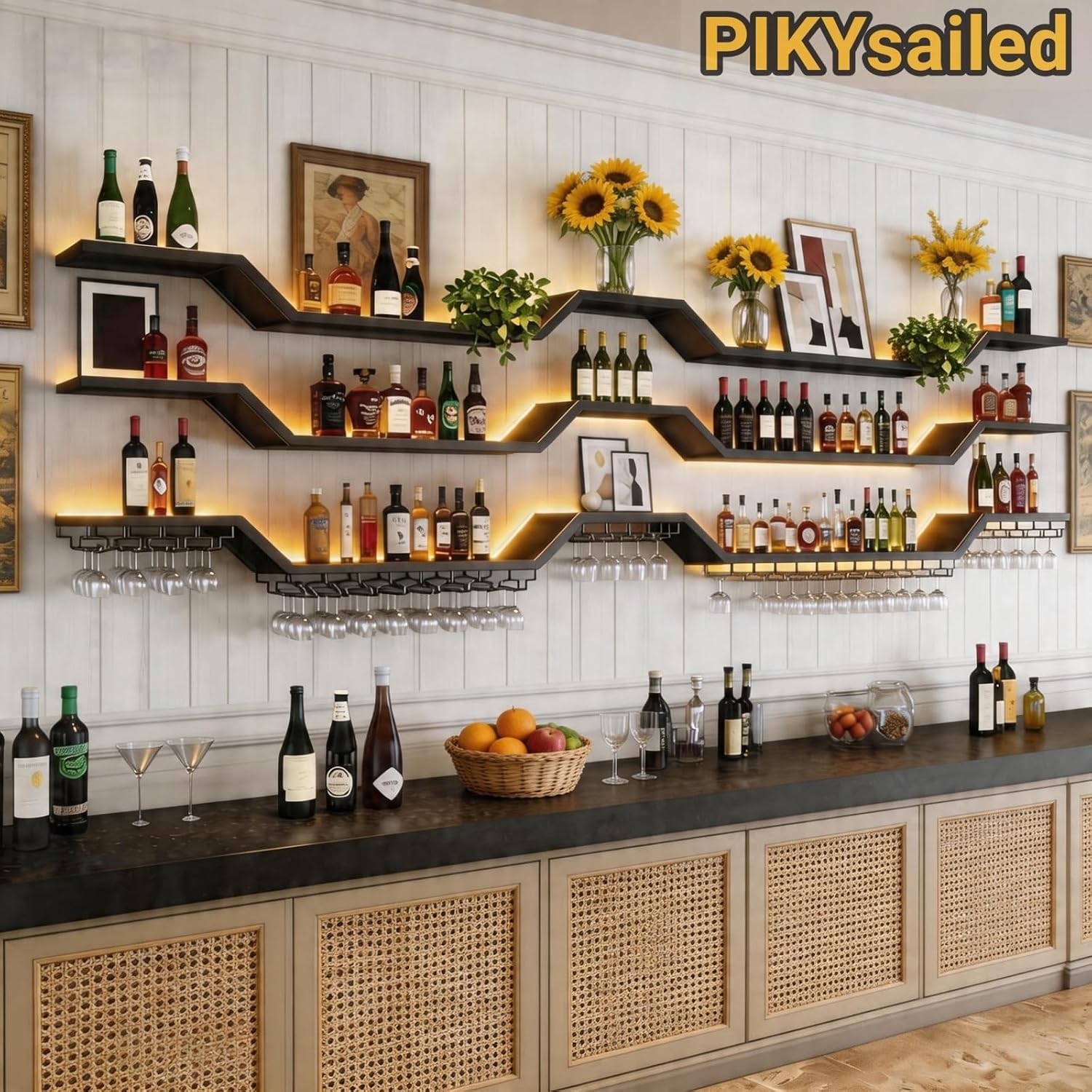63" Wall Mounted LED Wine Rack, 3-Tier Floating Bar Shelves, Large Liquor Shelf with Wine Glass Rack, Large Bar Rack Wall Mounted for Liquor Bottles, Home Bar, Dining Room or Cafe, Black