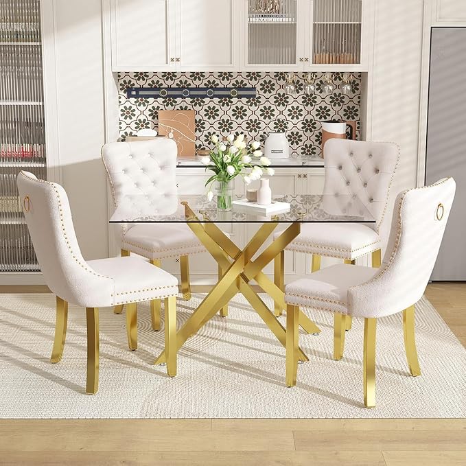 51 Inch Glass Dining Table Set for 4, Rectangular Glass Kitchen Table with 4 Upholstered Velvet Accent Chairs, 5 Piece Modern Dining Room Set, for Home, Apartment, Small Spaces - Beige Gold