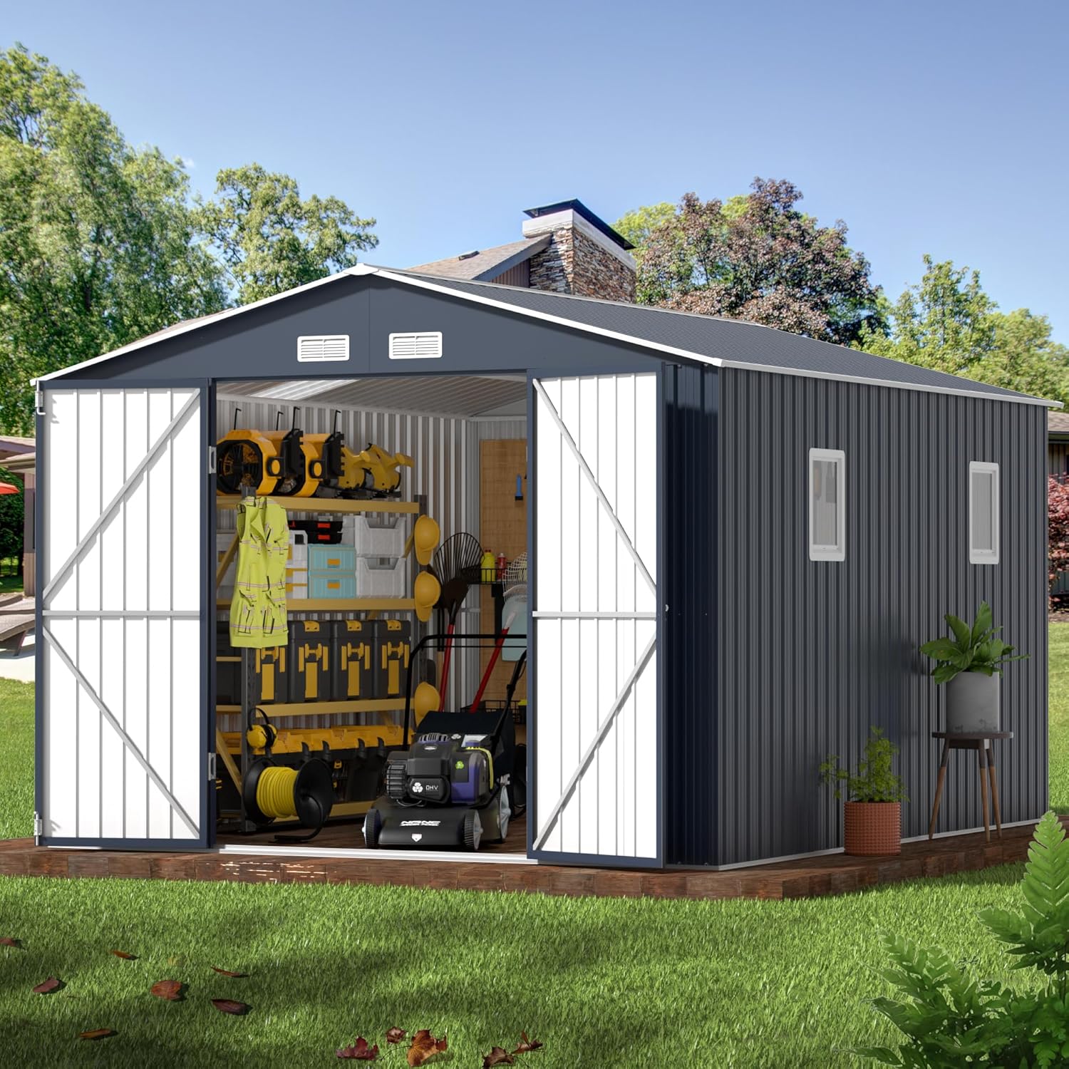 Outdoor Storage Shed 10X12FT with Frame Floor,Utility Tool Shed Metal Storage Garden Shed with Lockable Doors & Windows for Patio Storage, Midnight Blue