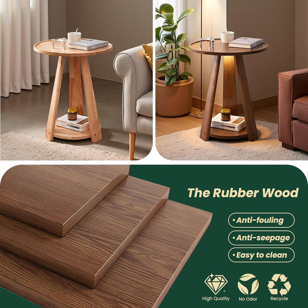 100% Solid Wood Round End Table, 2-Tier Side Table with Anti-Drop Tray Top, S...