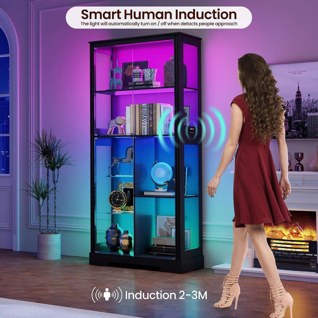 Lvifur 71” Glass Display Cabinet with RGB Light for Collectibles - Black | 4mm Tempered Glass Doors, 7-Tiers Large Storage Capacity, Human Sensor, 12 Color Adsjutable Lights, 7 Shelves, Lockable Door