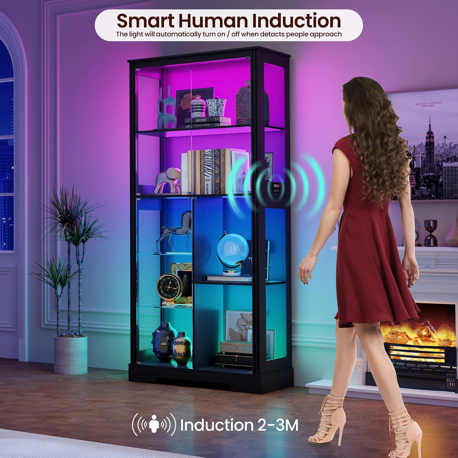 Lvifur 71” Glass Display Cabinet with RGB Light for Collectibles - Black | 4mm Tempered Glass Doors, 7-Tiers Large Storage Capacity, Human Sensor, 12 Color Adsjutable Lights, 7 Shelves, Lockable Door