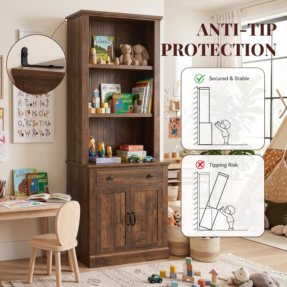 80" Tall Bookcase with Drawer and Doors, Farmhouse Bookshelf,Oak