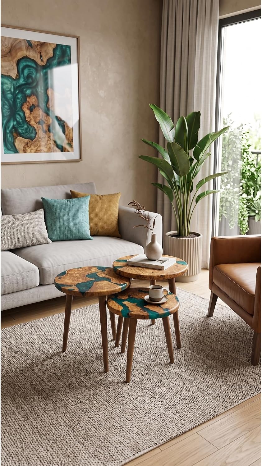 3-Piece Round Nesting Side Table Set 15.7 in Diameter | Olive Wood & Gree...