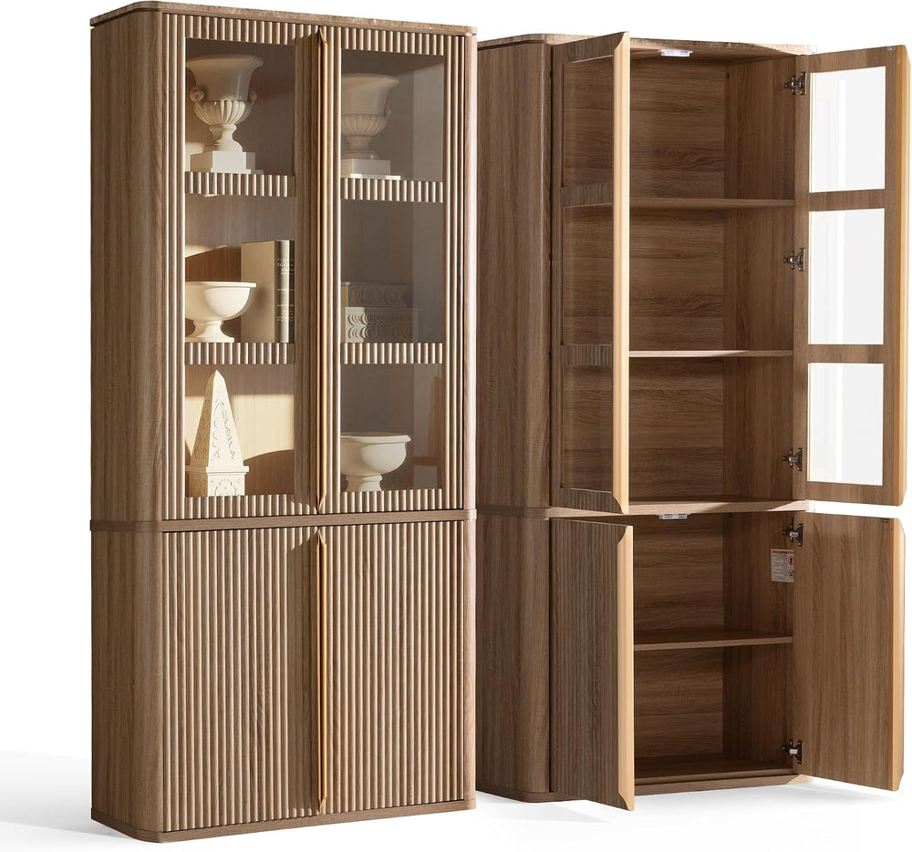 77" Tall Pantry Cabinets with Glass Doors, Fluted Storage Cabinet, Oak 1...