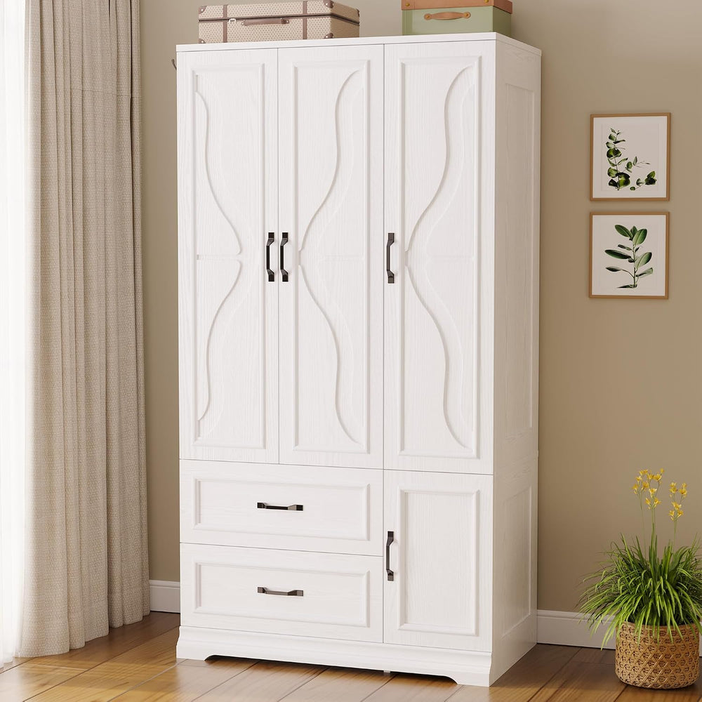 LIKIMIO Armoire Wardrobe Closet with 4 Doors and Drawers, White | Wardrobe Ca...