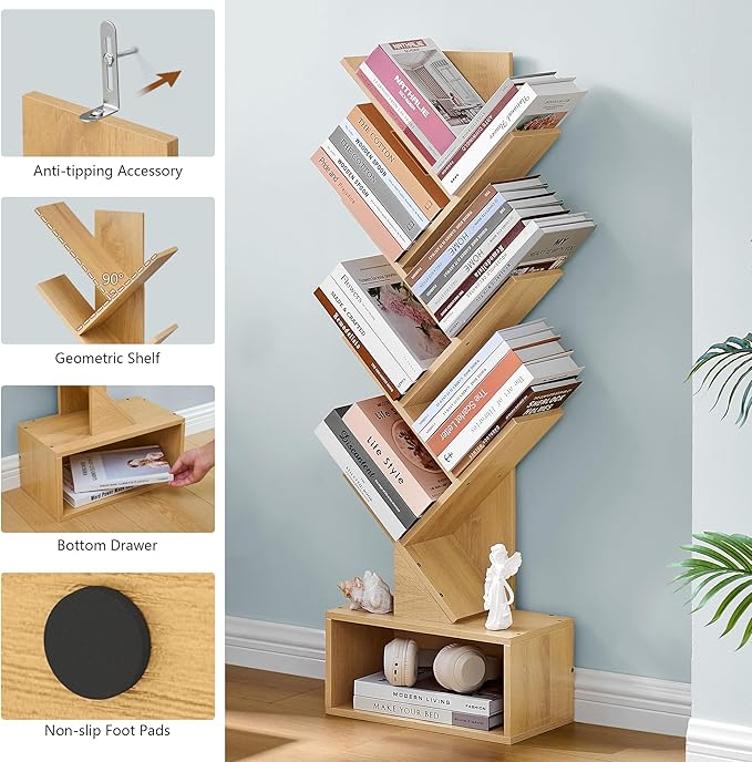Hoctieon 6 Tier Tree Bookshelf, Tall Bookcase with Drawer, Freestanding Book Shelf, Display Floor Standing Storage Shelf, Book Organizer Shelves for Home Office, Living Room, Bedroom, Yellow