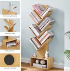 Hoctieon 6 Tier Tree Bookshelf, Tall Bookcase with Drawer, Freestanding Book Shelf, Display Floor Standing Storage Shelf, Book Organizer Shelves for Home Office, Living Room, Bedroom, Yellow
