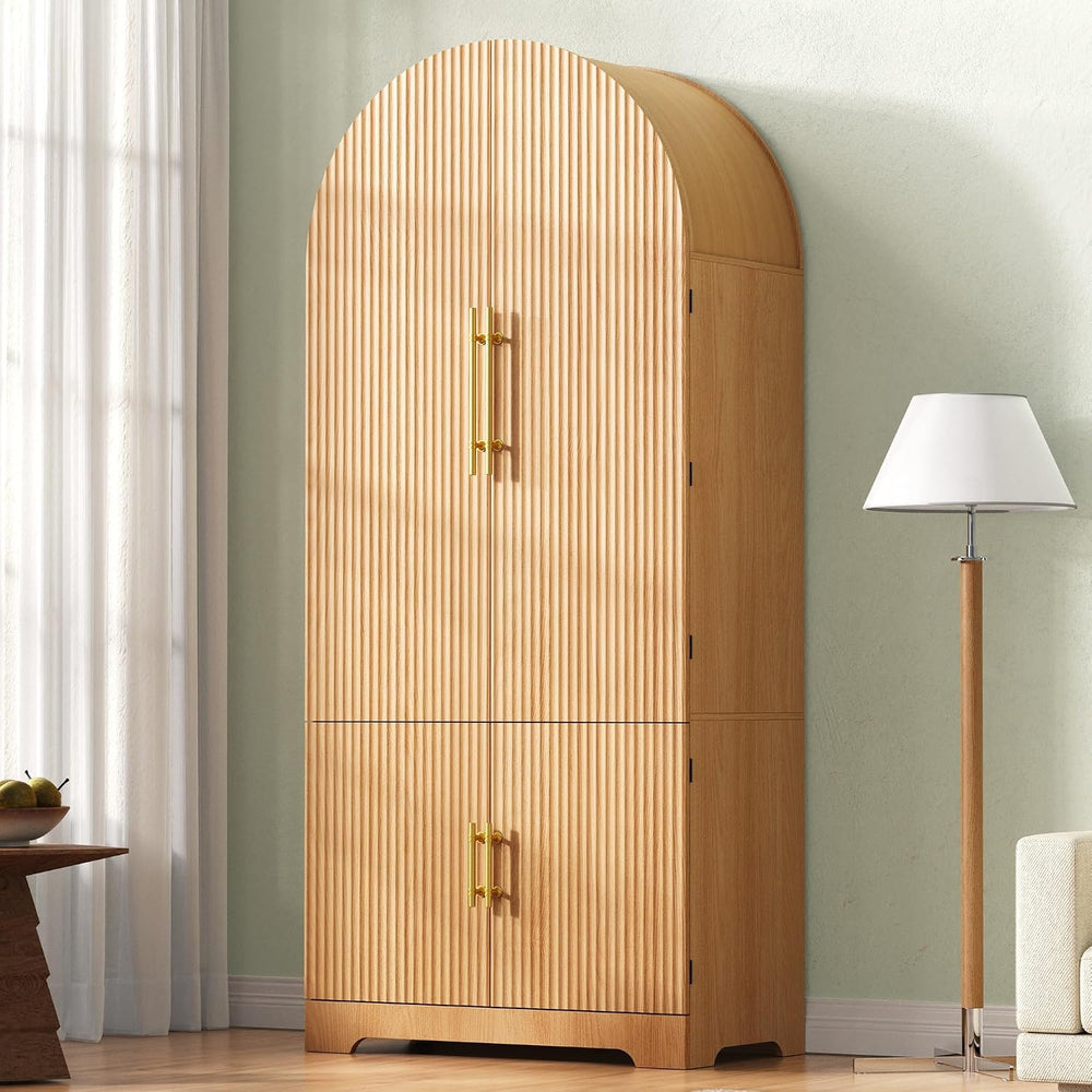 Tall Arched Kitchen Pantry Cabinet, Modern Fluted Wood Storage Cabinet with 8...