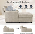58" Oversized Chaise Lounge Chair with Storage, Chenille Camel | Adjustable Backrest, 2 Back Pillows, Comfy Reading Chair Indoor, Upholstered Sleeper Chair for Living Room, Bedroom, Office
