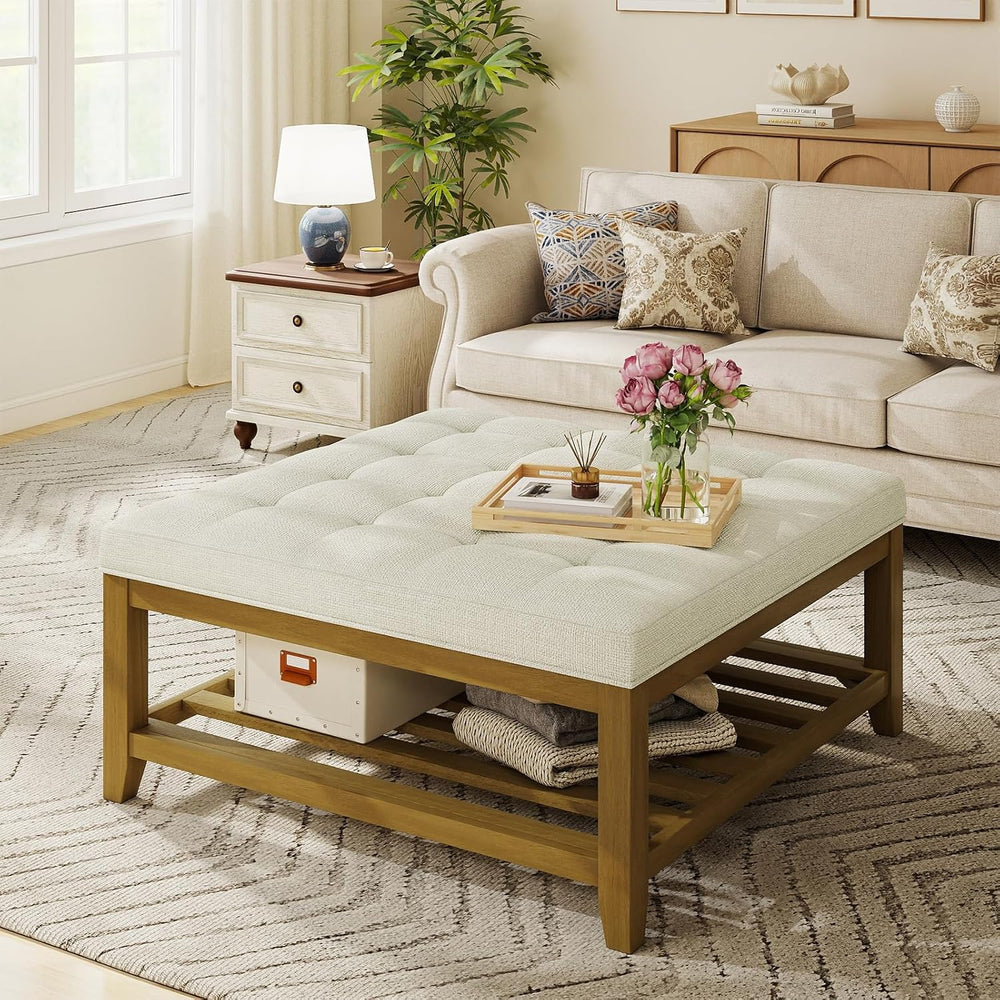 Befurtori Ottoman with Storage Bench, Linen Ottoman Coffee Table, Ivory | Sol...